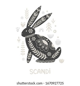 Illustration in scandinavian style with hare and floral elements: flowers, leaves, branches. Folk art. Vector nordic background with ornaments. Home decorations. Black and white.