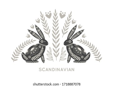 Illustration in scandinavian style with hare and floral elements: flowers, leaves, branches. Folk art. Vector nordic background with ornaments. Home decorations. Black and white.