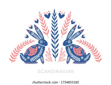 Illustration in scandinavian style with hare and floral elements: flowers, leaves, branches. Folk art. Vector nordic background with ornaments. Home decorations. Black and white.