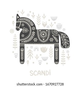 Illustration in scandinavian style with horse and floral elements: flowers, leaves, branches. Folk art. Vector nordic background with ornaments. Home decorations. Black and white.