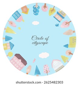 Illustration of a Scandinavian-style cityscape arranged inside a circle Earth Circle Environment