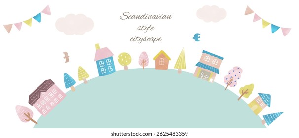Illustration of a Scandinavian-style townscape lined up on the ground on a hill