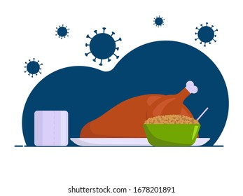 Illustration with scarce goods in flat style: toilet paper, chicken, buckwheat. Stay at home. Coronovirus. Vector illustration.