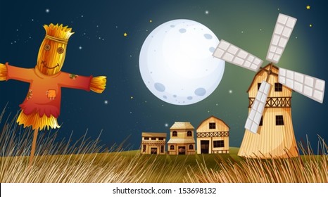 Illustration of a scarecrow in the ricefield near the windmill