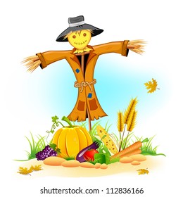 illustration of scarecrow with Thanksgiving vegetable