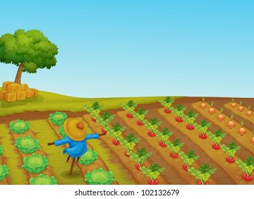 Illustration of a scarecrow in a vegetable patch