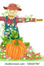 Illustration of a Scarecrow Wearing a Hat, Gingham Shirt, Jumper and Vine Crop Standing Behind a Pumpkin and Different Flowers