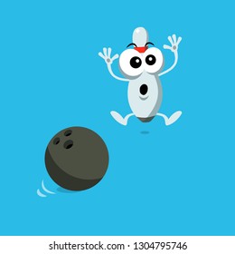 Illustration of scared bowling pin isolated on blue background. Flat design style.