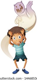 Illustration of a scared  boy with a ghost at the back on a white background