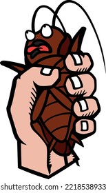 Illustration of a Scared Cockroach with Bulging Eyes and Tongue Out Caught by a Hand 