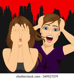 illustration of scared couple screaming terrified on a halloween night party