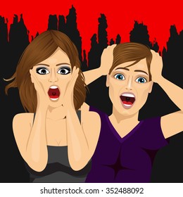 illustration of scared couple screaming terrified on a halloween night party