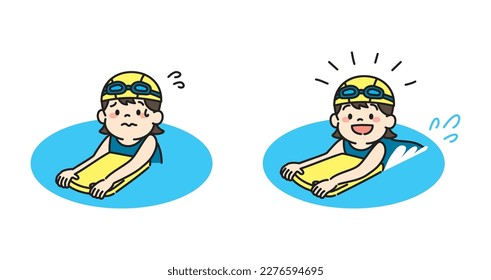 Illustration of Scared Girl Come to Enjoy Swimming