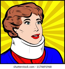 Illustration of Scared injured patient Woman Wearing Neck Brace. Vector Illustration In Retro Vintage Pop Art Comic Style
