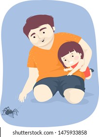Illustration of a Scared Kid Girl Pointing to a Spider with Father Lifting Her Up