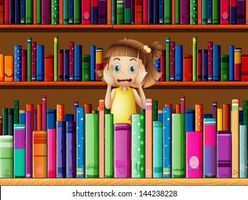 Illustration of a scared little girl in the library