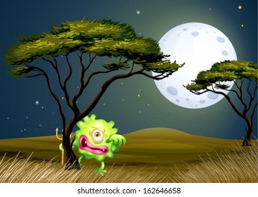 Illustration of a scared one-eyed monster under the fullmoon