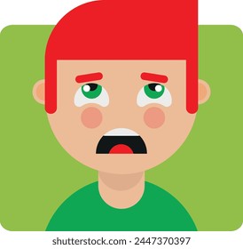 Illustration of a scared person with red hair, green eyes, wearing a green shirt, showing an expression of fear or fright.