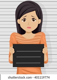 Illustration of a Scared Teenage Girl Posing for a Mug Shot