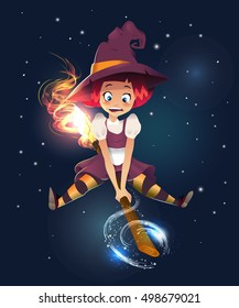 illustration of scared witch flying on broom. little young girl character. night dark background. magic sparkle. happy halloween