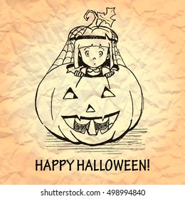 illustration of scared witch hiding in halloween pumpkin. little young girl character. crumpled paper texture background. happy halloween