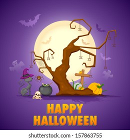 illustration of scary cat cooking in cauldron in Halloween night