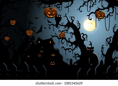 illustration of scary cemetery halloween wallpaper with hanging carved pumpkins on haunted tree theme background