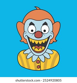 Illustration of a scary clown with big yellow teeth and make up.