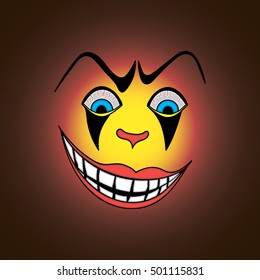 illustration with scary clown face for halloween, bright yellow light