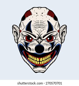 Illustration of scary clown with red eyes.