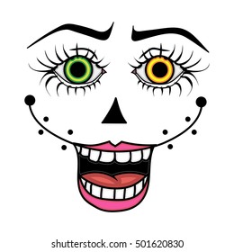 illustration with scary doll face on white background, color tattoo
