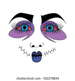 illustration with scary face zombie woman with bruises, color tattoo