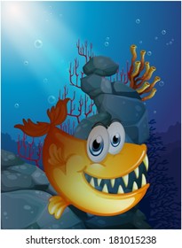 Illustration of a scary fish under the sea near the rocks on a white background