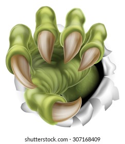 An illustration of a scary green monster claw hand tearing or ripping through a wall