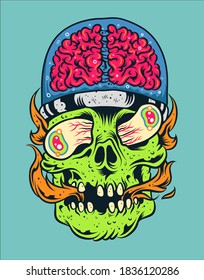Illustration of Scary Green Skull with Brain