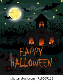 Illustration of scary halloween background with creepy house, full moon, trees, spiders, bats and tombstones.