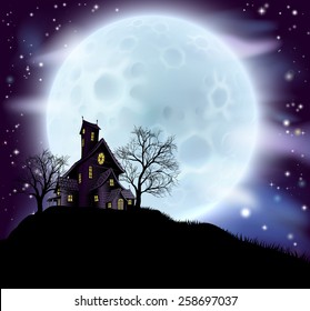 An illustration of a scary Halloween haunted house in silhouette with spooky trees