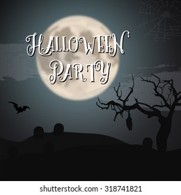 Illustration of Scary Halloween Night Poster with Big Moon, Bat, Graves. Trick or Treat Halloween Party Flyer