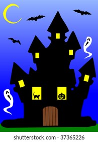 Illustration of a scary haunted house at night, with a pumpkin, phantoms, a black cat and bats