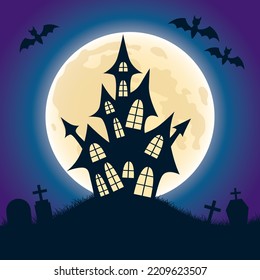 Illustration with a scary house on the background of a big moon. Illustration for Halloween.