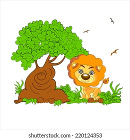 Illustration of a scary lion above the stump at the forest