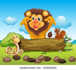 Illustration of a scary lion, a snake and a small squirrel