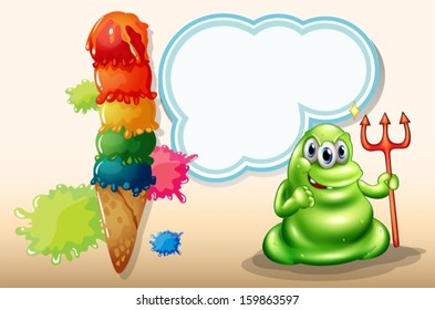 Illustration of a scary monster with a death fork standing near the giant icecream