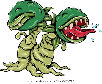 The Illustration of The scary monster plant with the two head and mouth