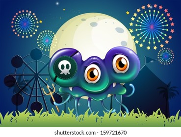 Illustration of a scary monster with a skull at the carnival