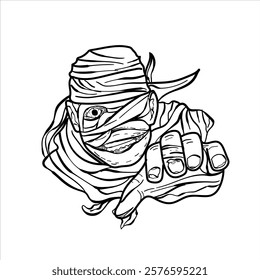 illustration of a scary mummy who wants to approach you, cool style, black and white, good for custom apparel clothing, or teaching materials mwearnai, vector format