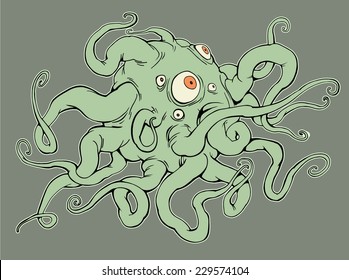 Illustration of a scary mutant monster with many eyes and tentacles