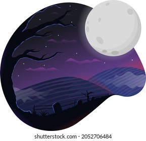 Illustration of Scary Night with Big Moon in Flat Style Suitable For Halloween Design