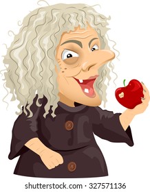 Illustration of a Scary Old Hag Holding a Shiny Apple