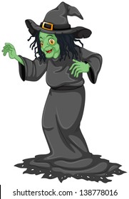 Illustration of a scary old witch on a white background